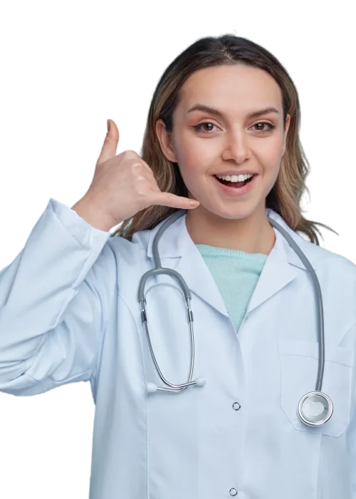 excited-young-female-doctor-wearing-medical-robe-stethoscope-around-neck-doing-call-gesture